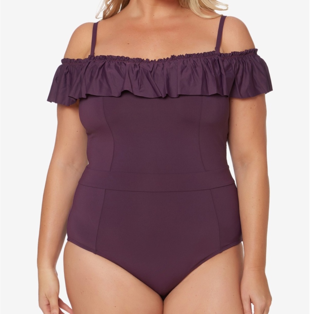 Bleu by Rod Beattie Off-The-Shoulder Ruffled One Piece Aubergine Plus Size 18W